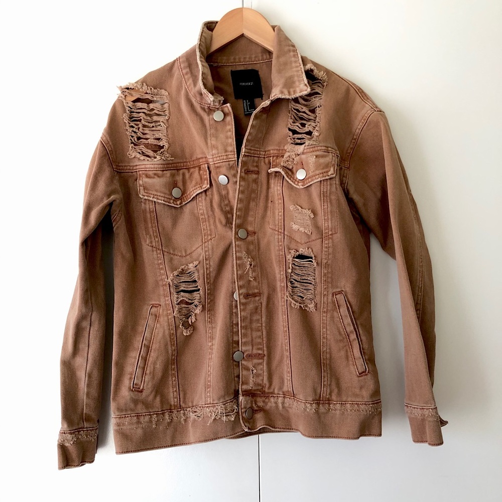 Forever 21 Distressed Camel Tan Denim Jean Jacket